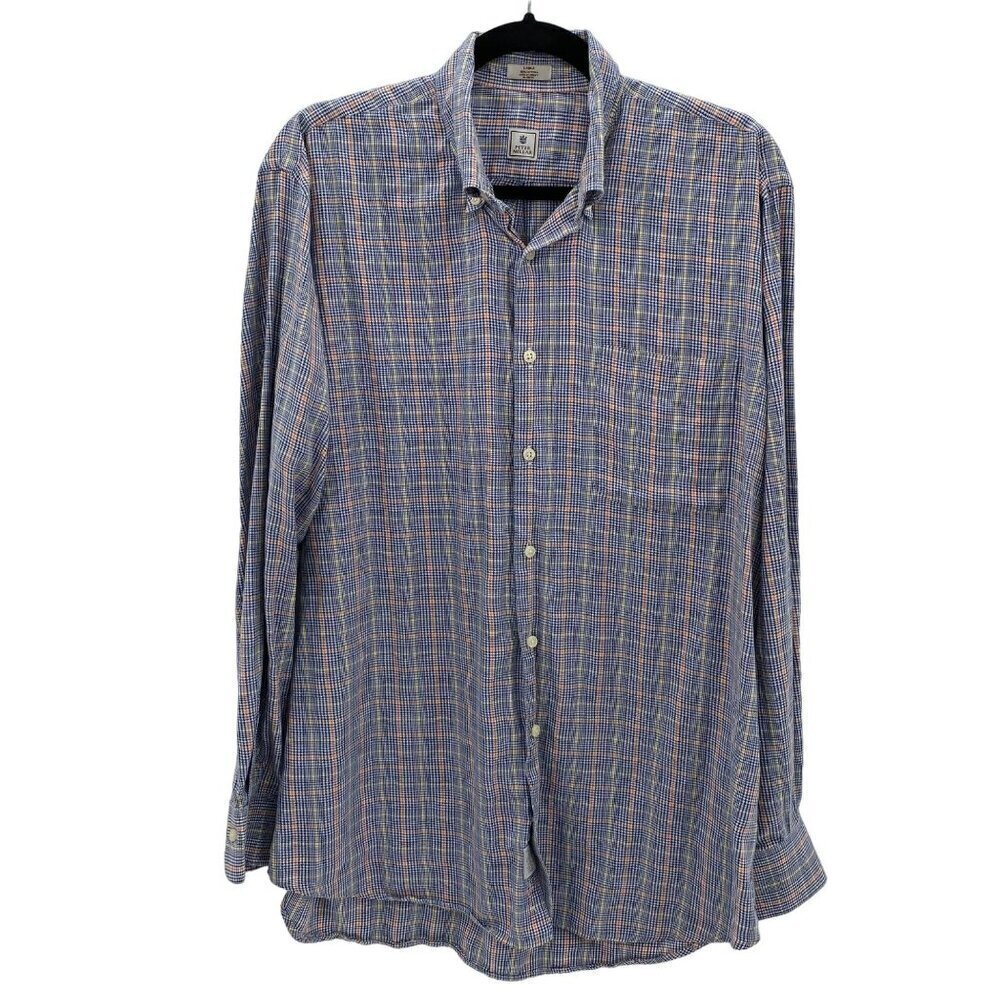 Peter Millar Blue/Orange/Yellow Plaid Long Sleeve Button Down Shirt Men's Size L